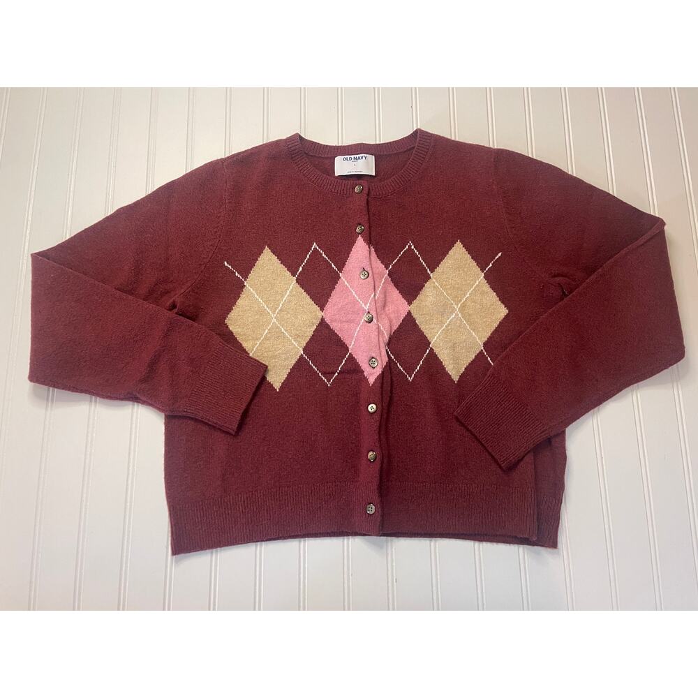 Old Navy SoSoft Cropped Cardigan Clove Argyle Preppy Academia Size Womens Large